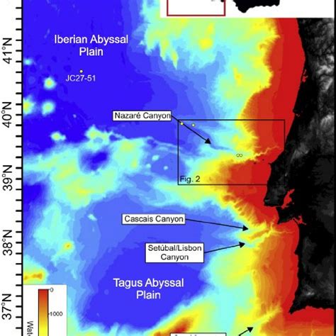 Location map of the Nazaré Canyon and the locations of canyon cores... | Download Scientific Diagram