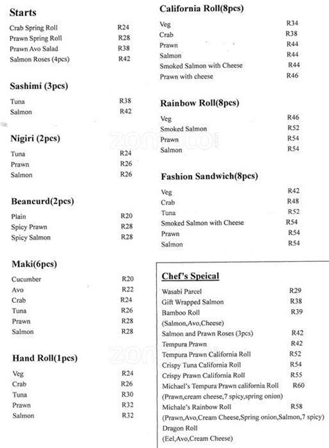 Menu at Shan Sushi restaurant, George, 107 York St