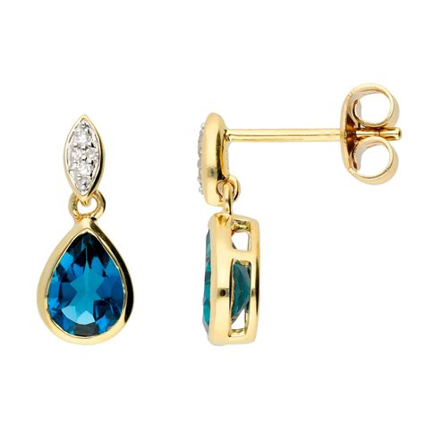 9ct Yellow Gold Diamond & London Blue Topaz Earrings | Buy Online | Free Insured UK Delivery