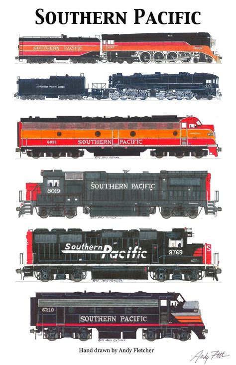 6 hand draw Southern Pacific engine drawings by Andy Fletcher ...