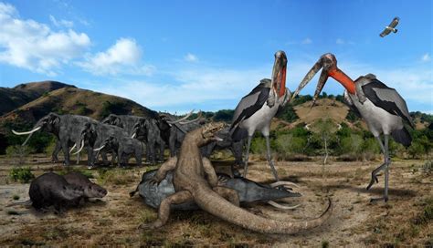 an artist's rendering of birds and dinosaurs in the wild