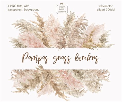 Pampas Grass Border Clipart, Watercolor Bohemian Pampas Grass Borders, Wedding Invitation Boho ...