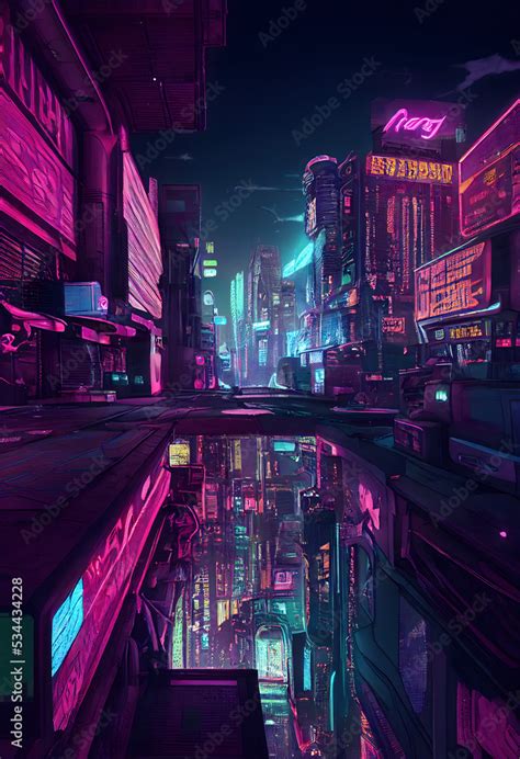 A futuristic, cyberpunk city. Neon lights. Illustration of a modern ...