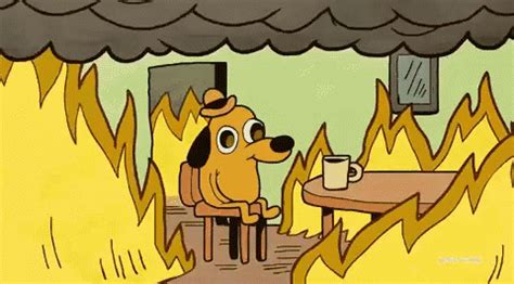 a cartoon dog sitting at a table with a cup in front of it on fire