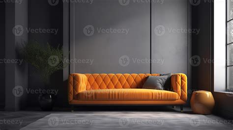 Contemporary interior with modern orange sofa, room in grey tones. Generative Ai 23057396 Stock ...