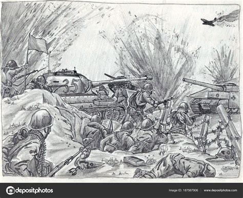 Drawing Second World War Battle Soldiers Tanks Gunning Illustrated Kiev ⬇ Stock Photo, Image by ...