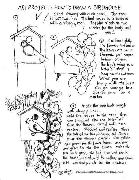 How to Draw Worksheets for The Young Artist: How To Draw A Birdhouse Project and Worksheet