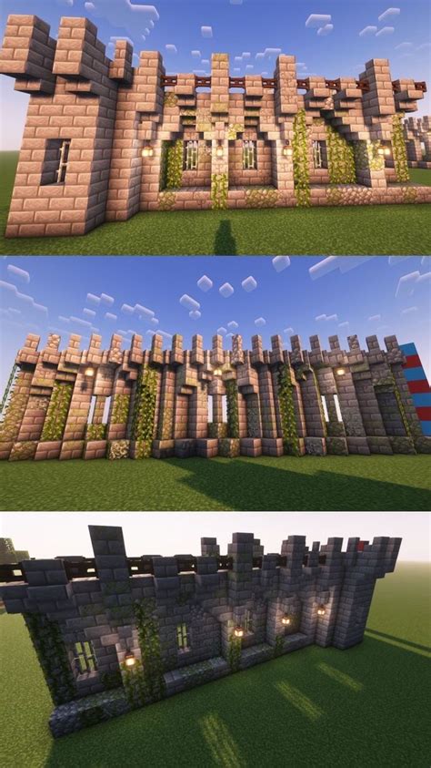 three different views of an old castle in minecraft