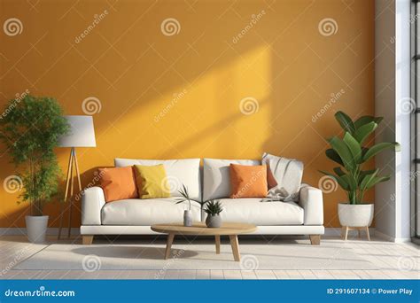 Interior of Modern Living Room with Orange Walls, Wooden Floor and White Sofa with Orange ...