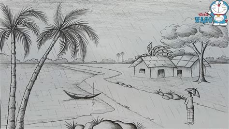 How To Draw A Village Scenery With Pencil : I started drawing from ...