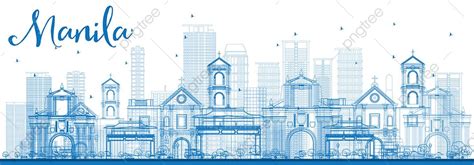 Manila Building Vector Art PNG, Outline Manila Skyline With Blue Buildings, View, Landmark, And ...