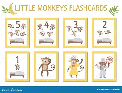 Vector Set Of Educational Flashcards With Cute Five Little Monkeys, Mommy, Doctor, Bed. Funny ...