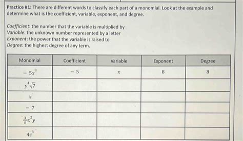 Solved: Practice #1: There are different words to classify each part of a monomial. Look at the ...