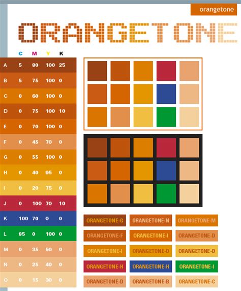 Orange tone color schemes, color combinations, color palettes for print (CMYK) and Web (RGB + HTML)