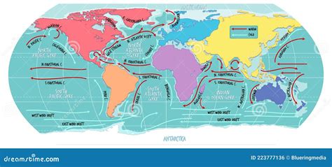 The Ocean Current World Map with Names Stock Vector - Illustration of drawing, diagram: 223777136