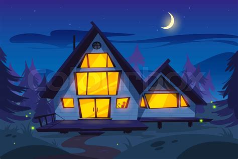 Wooden house in forest at night | Stock vector | Colourbox