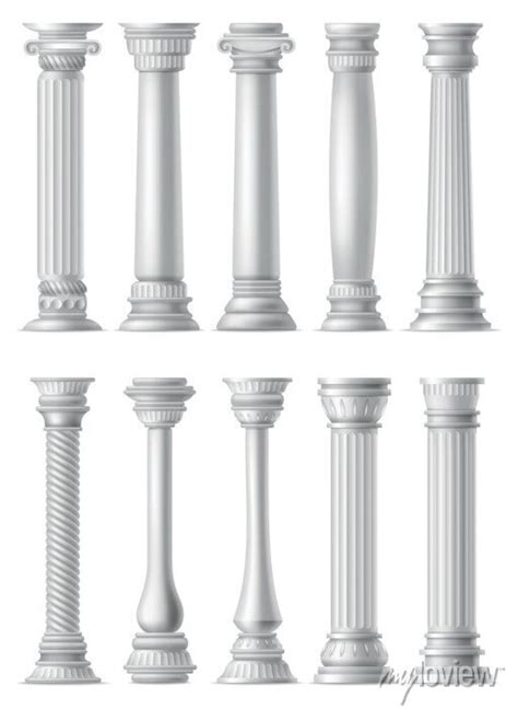 Antique columns, realistic icon set. classic stone pillars of posters ...