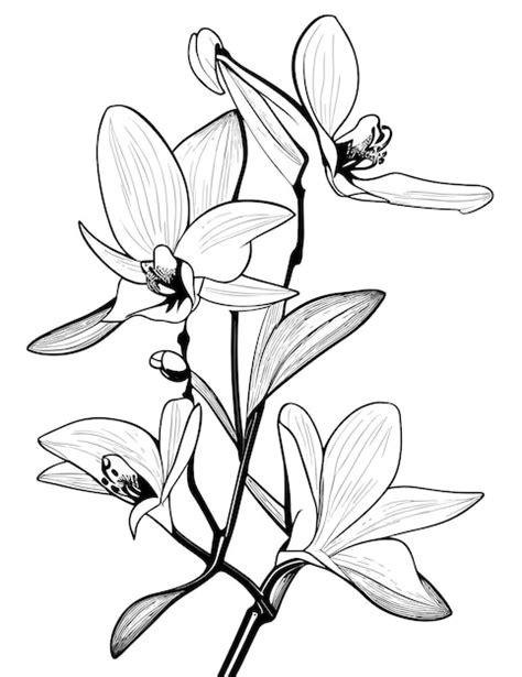 Premium Vector | A drawing of orchids with the leaves and flowers in black and white.