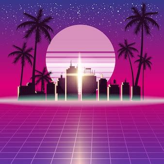 Premium Vector | Synthwave retro futuristic landscape with city