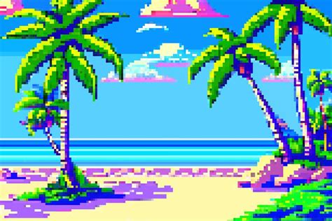 Landscape 8bit pixel art. Summer natural landscape. Summer ocean beach, scenery arcade video ...