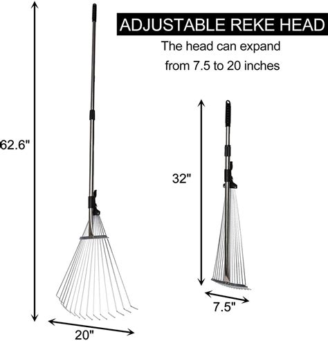 Garden Leaf Rake Adjustable Lightweight 62.6". Telescopic Metal Rake