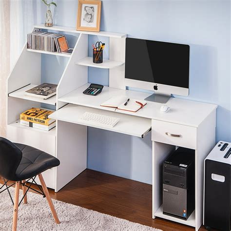 Home Office Desks With Bookshelves, Vintage Rustic White Computer Writing Desk With Storage ...