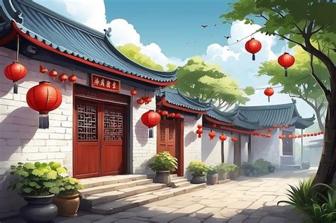 Traditional chinese countryside architecture illustration with white brick wall and hanging ...