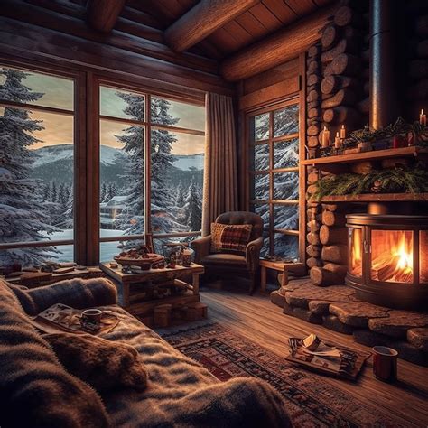 Cozy cabin in woods with wood stove interiors at night | Premium AI ...