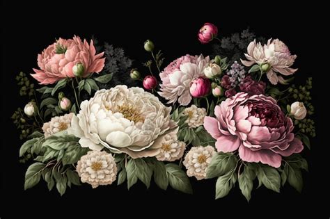 Premium Photo | Vintage floral on black background digital painting artwork retro style