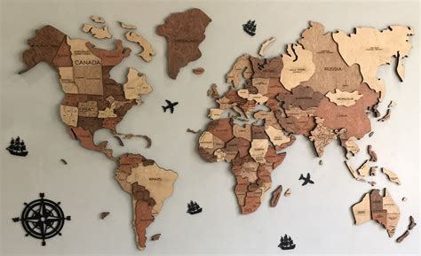 WOODEN WORLD MAP (WALL AS BASE) - 3D WALL DECOR