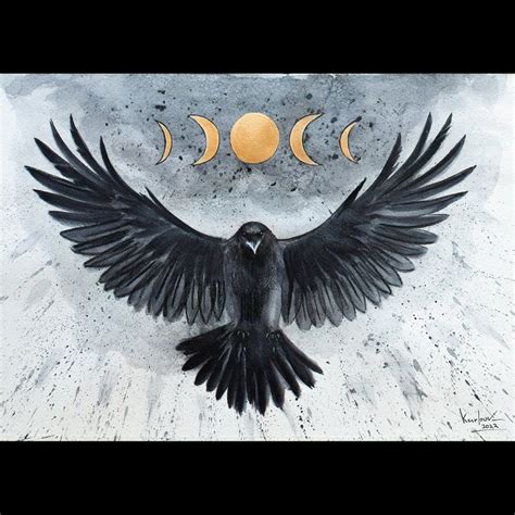 Black Raven & Golden Moon Phases Art Print, Flying Raven Watercolor Crow, Magic Bird Home Decor ...