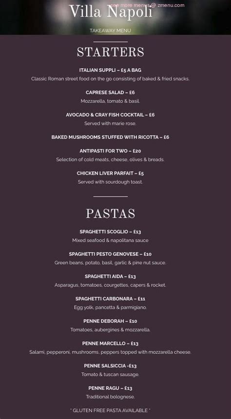 Menu at Villa Napoli restaurant, Penarth