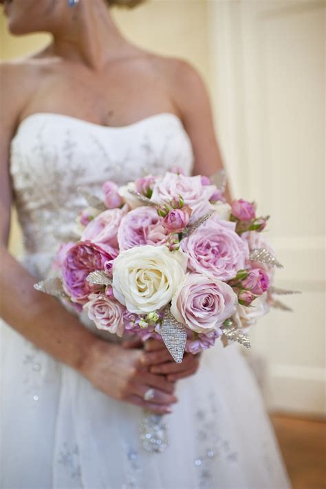 romantic rose bridal bouquet pink ivory with crystals | OneWed.com