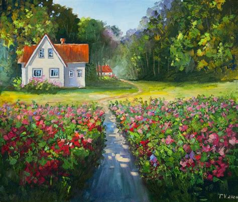 Flowers in garden. Oil painting. Rural landscape. Painting by Tetyana Vysochynska | Saatchi Art