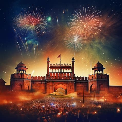 Premium AI Image | illustration of Red Fort at Night with Fireworks India Tourism Attra