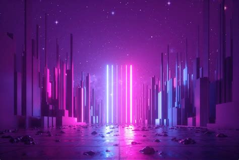 3d abstract neon background, glowing ultraviolet vertical lines, cyber space, urban scene in ...