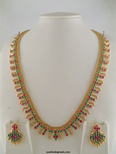 1 Gram Gold Ruby Emerald Stone Necklace - South India Jewels