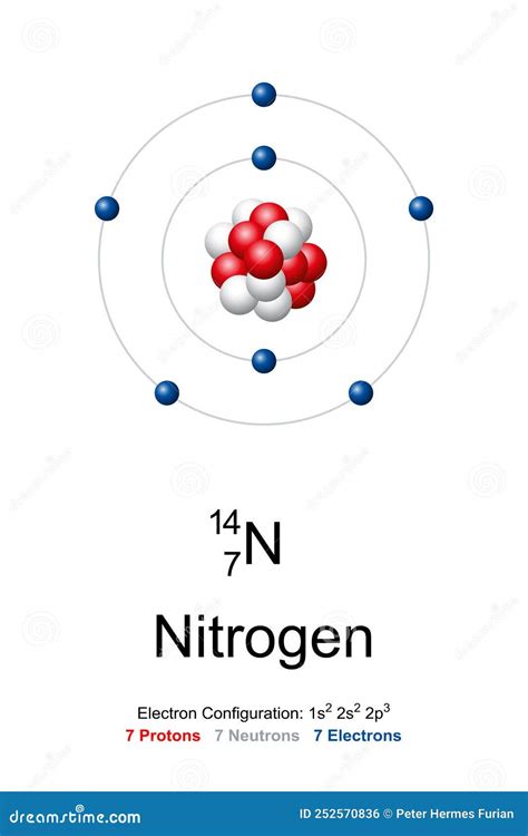 Nitrogen, Atom Model of Nitrogen-14 with 7 Protons, 7 Neutrons and 7 ...