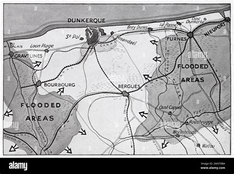 Map of the Dunkirk area in northern France during the evacuation, showing two flooded areas of ...