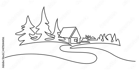 Rural landscape in continuous line art drawing style. Country road going to village house in ...