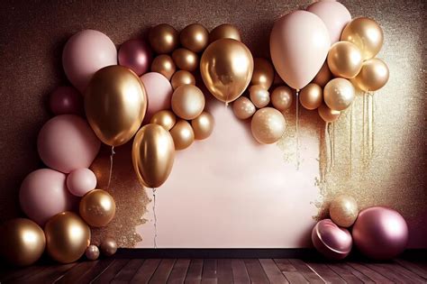 Premium AI Image | A gold wall with a bunch of balloons and a pink ...