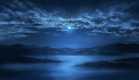 2560x1440px | free download | HD wallpaper: anime landscape, night, moon, clouds, sky, lake ...