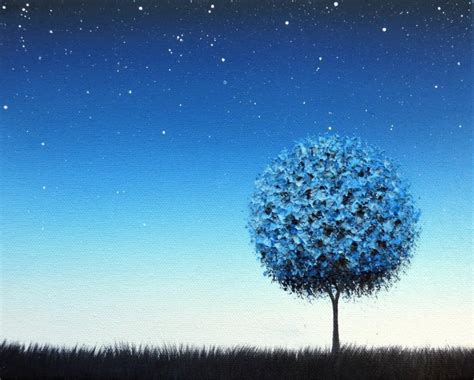 Blue Night Landscape Painting, Starry Night Sky At Twilight, ORIGINAL Art Oil Painting, Blue ...