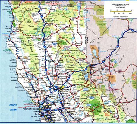 Road map of California with distances between cities highway freeway free