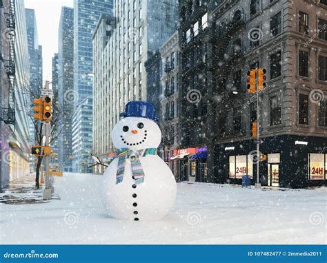 Blizzard in New York City. Build Snowman. 3d Rendering Stock Illustration - Illustration of ...