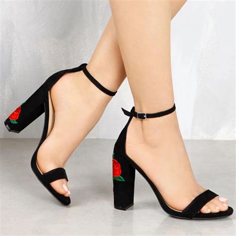 Sexy Summer Ankle Strap Sandals Suede High Heels Women Elegant Floral Sandals Square Heel Woman ...