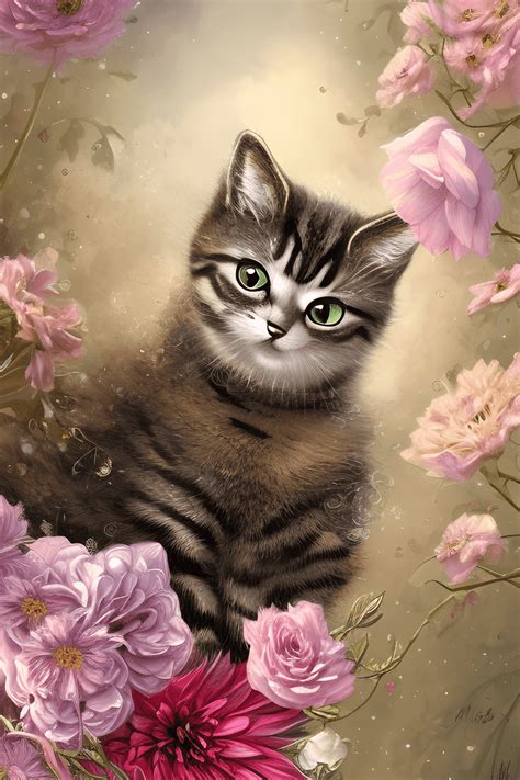 Cute Cat with Flowers · Creative Fabrica