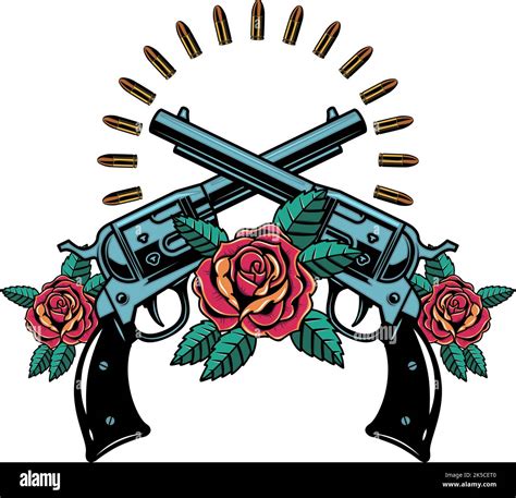 Crossed guns with roses. Design element for poster, card, banner, emblem, sign. Vector ...