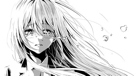 monochrome, crying, anime girls, anime, face, long hair HD Wallpaper