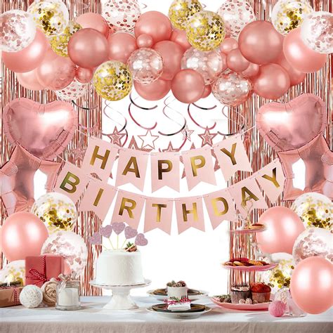 Rose Gold Birthday Party Decorations, Happy Birthday Banner, Rose Gold Fringe Curtain, Heart ...